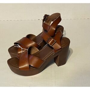 Epic Step Brown Platform Sandals Heels Ankle Strap Cross Band Womens Size 7.5